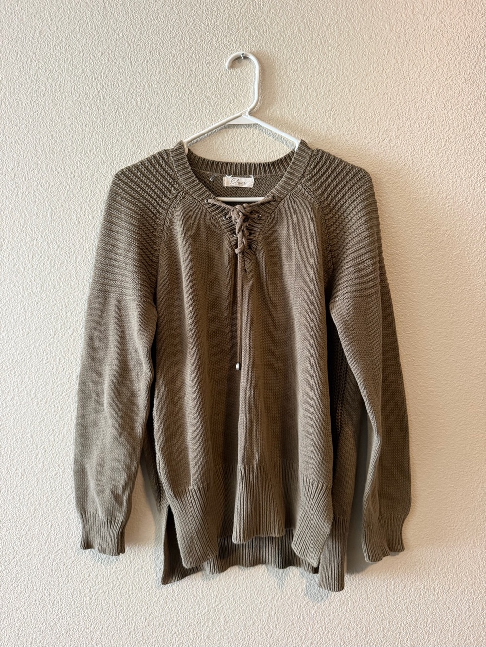 Elan Olive Lace-Up Crewneck Sweater